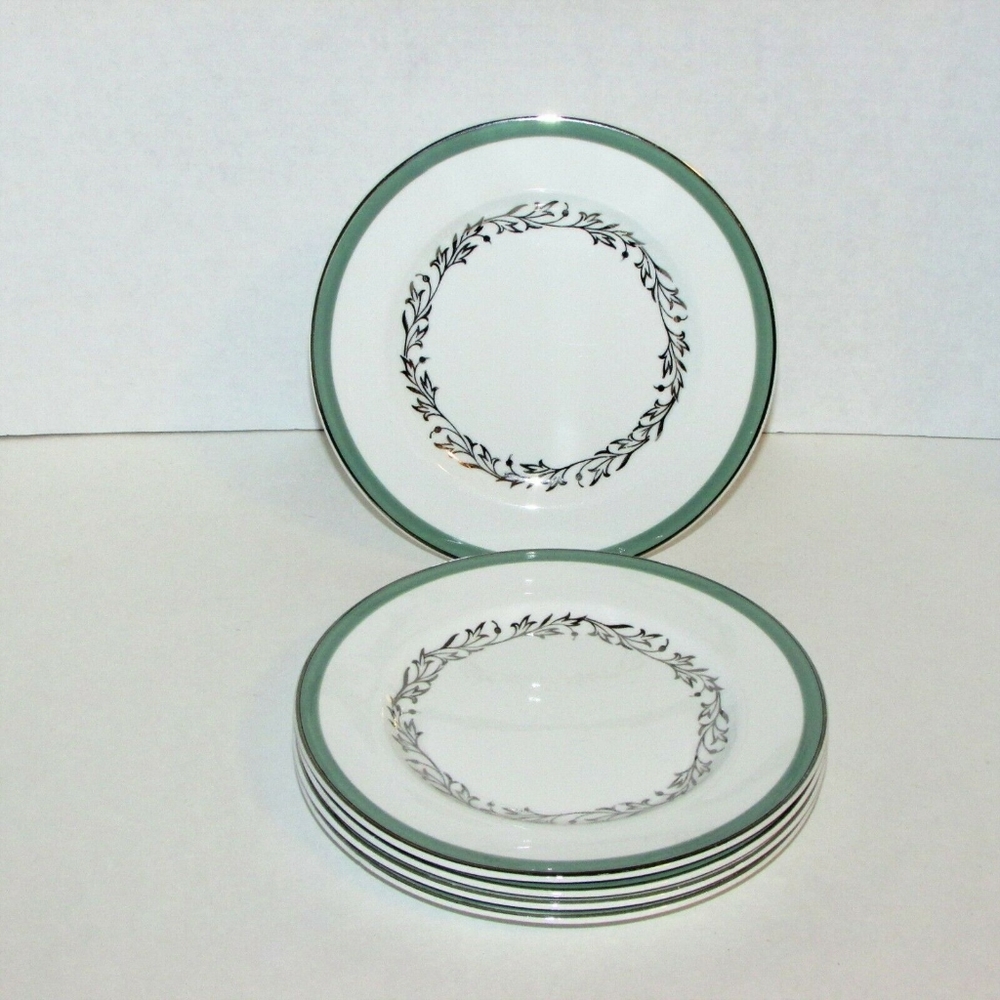 5 JB Johnson Bros. Bread Plates Vintage Green Band Gold Leaves England